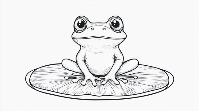 recommend clip art: Cute cartoon frog sitting on lily pad, black and white illustration