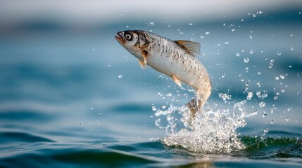 Naklejka premium Fish is jumping out of the water. The water is blue and the fish is white