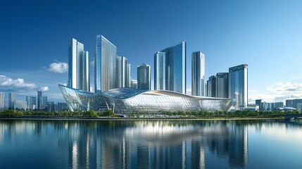 Naklejka premium A striking view of Marina Bayâ€™s modern business district, with futuristic glass and steel buildings set against the clear blue sky, emphasizing progress and innovation 