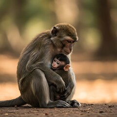 Naklejka premium Monkey mom hug her baby warmly