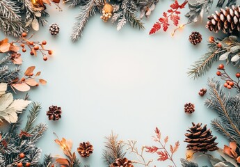 Festive winter frame with pine branches, pinecones and berries