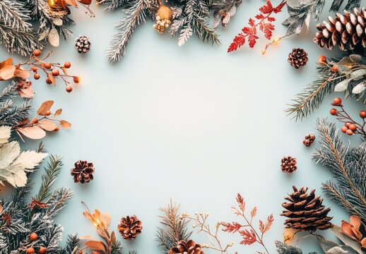 Festive winter frame with pine branches, pinecones and berries