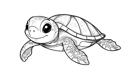 Cute cartoon sea turtle, simple line art, background white, for children's book or card
