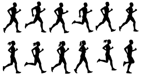 Fototapeta premium Running men and women, isolated vector silhouettes. Run, side view. Silhouettes of athletic looking male and female runners running. Transparent PNG version.