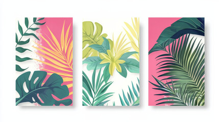 Tropical themed banners featuring colorful palm leaves and vibrant foliage create lively atmosphere perfect for summer decor. These illustrations evoke sense of relaxation and adventure