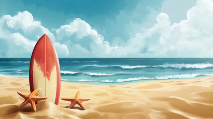summer beach scene featuring surfboard and starfish on golden sand, with gentle waves lapping at shore under bright blue sky. atmosphere evokes sense of relaxation and adventure