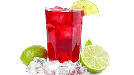 Flat lay of Hibiscus juice refreshing vibrant drink Gabon served tall glass ice cubes slice of lime...