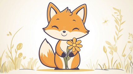 Obraz premium Cute fox holding flower in nature background. Possible stock photo use children's book illustration