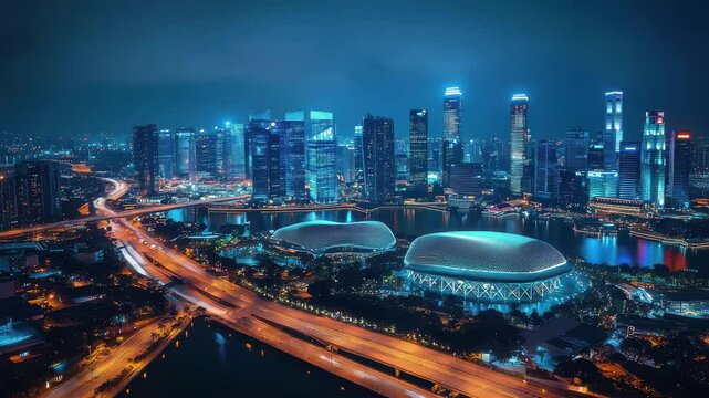City at night with a large stadium in the middle. The city is lit up with lights and the stadium is illuminated