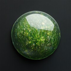 Translucent sphere showcasing a vibrant green floral arrangement.