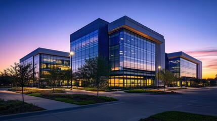 A tranquil office park at dusk, featuring a cluster of modern buildings with glowing windows and smooth glass facades, reflecting the last light of day 