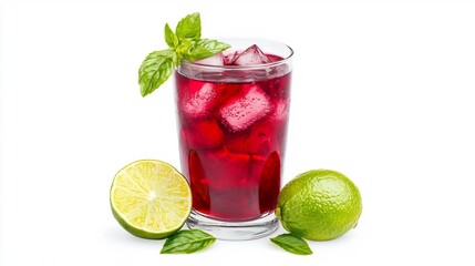 Flat lay of Hibiscus juice refreshing vibrant drink Gabon served tall glass ice cubes slice of lime...