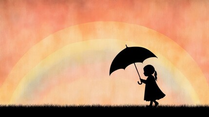 Girl with red umbrella painting in watercolor child's imagination serene landscape dreamy sunset view