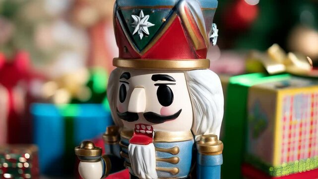 Festive nutcracker toy soldier figurine stands amid wrapped gifts under a green Christmas tree adorned with colorful ornaments and sparkling lights indoors.