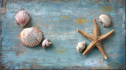 Seashells and starfish are beautifully arranged on weathered blue wooden surface, evoking serene beach atmosphere. textures and colors create calming and natural scene