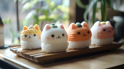 Playful sushi-shaped cats with rice bodies and pastel fish toppings on a wooden tray in soft warm light
