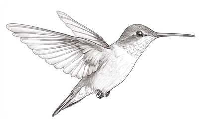 Obraz premium Detailed grayscale drawing of a hummingbird in flight against a white background. Possible use stock photography