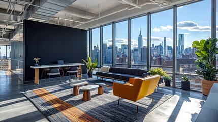 An airy and modern office interior with a prominent black wall mock-up space, stylish furnishings, and panoramic glass windows framing the urban skyline