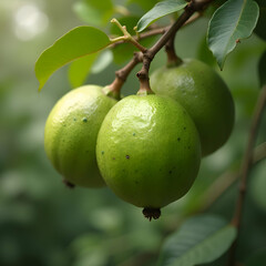 green guava fruits on tree branch with speckled skin texture, natural imperfections, lush leaves, tropical orchard detail, organic fresh produce, botanical close-up scene, photorealistic