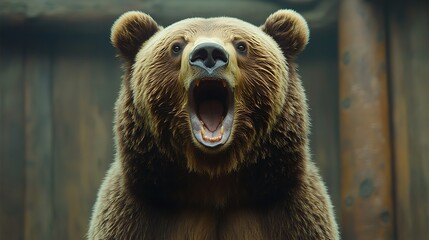Obraz premium A brown bear with an open mouth, expressing surprise or excitement.