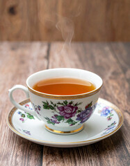 A steaming Singaporean herbal tea served in a decorated porcelain teacup.