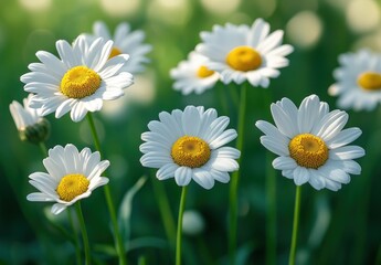 Obraz premium Delightful Close-Up of Fresh White Daisies with Bright Yellow Centers in a Lush Green Background