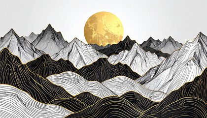 Obraz premium Luxurious black and white mountain line art with golden moon creates stunning landscape background, evoking sense of tranquility and elegance