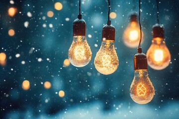 Hanging lightbulbs covered in snow against a bokeh and blue background. Use it for winter, holidays, new year designs or cozy home concepts.