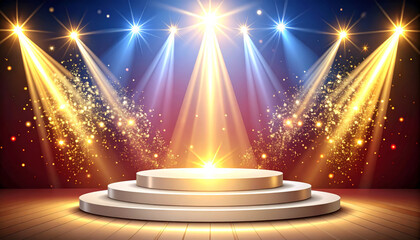 Luxury podium with glitter light effects and colorful spotlights creates glamorous atmosphere for award ceremony, evoking excitement and celebration