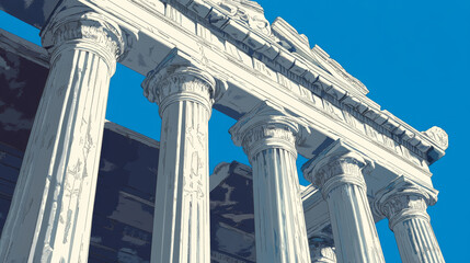 Naklejka premium Ancient Greek columns stand majestically against clear blue sky, showcasing intricate details and architectural beauty. This design evokes sense of history and grandeur