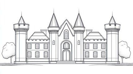 Fototapeta premium Elegant castle facade sketch, architectural drawing, illustration
