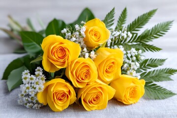 Obraz premium Beautiful bouquet of yellow roses and gypsophila is lying on gray cloth