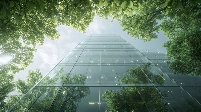 An innovative office tower with floor-to-ceiling glass panels and integrated green spaces, surrounded by urban trees to reduce carbon dioxide and enhance ecological balance 