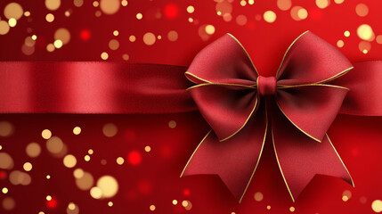 beautiful red ribbon with bow is set against festive background of golden bokeh lights, creating warm and joyful atmosphere perfect for holiday celebrations