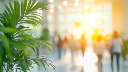 Blurred background of a bustling office environment with people in motion, greenery lining the space and sunlight enhancing the eco-friendly setting 