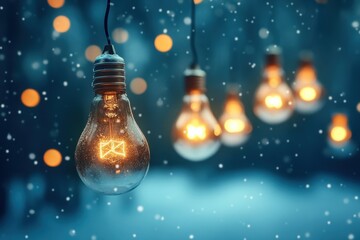 Hanging lightbulbs glow warmly against a snowy, bokeh-filled blue background. Ideal for conveying themes like innovation, celebration, or winter holiday magic.