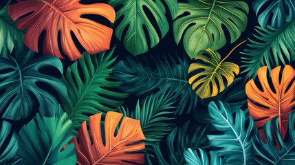 tropical leaves create lush and lively pattern, showcasing variety of shapes and colors that evoke sense of nature beauty and tranquility