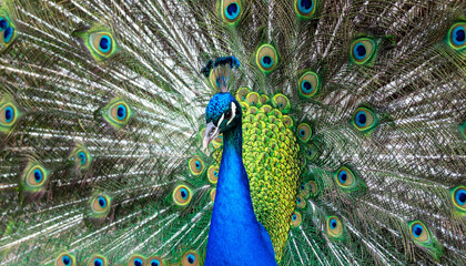 Obraz premium stunning peacock with vibrant blue and green feathers displays its magnificent beauty, showcasing impressive fan of iridescent plumage that captivates viewer attention
