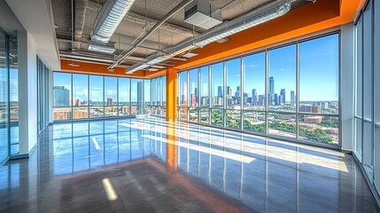 Empty office space with sleek flooring and glass walls, large windows providing an expansive view of a bustling city skyline 