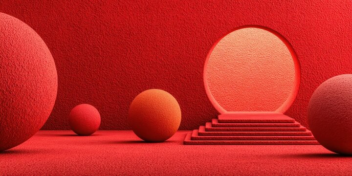 Exploration of geometric shapes in a vibrant red environment featuring soft textures and circular portals