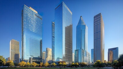 Fototapeta premium Iconic Financial District skyscrapers with sharp, angular designs and mirrored facades, rising into a clear blue sky 