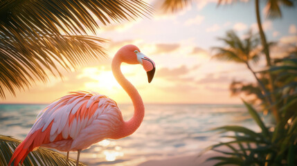 Fototapeta premium beautiful pink flamingo stands gracefully among lush palm trees, basking in warm glow of tropical sunset. serene ocean waves create tranquil atmosphere, evoking feelings of peace and relaxation