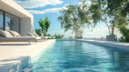 Fototapeta premium modern luxury infinity pool surrounded by lush greenery and contemporary architecture creates serene and inviting atmosphere. clear blue water reflects sky, enhancing tranquil setting