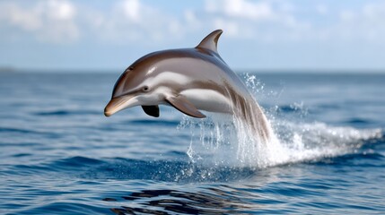 Naklejka premium Dolphin is jumping out of the water. The dolphin is in the middle of the ocean and is surrounded by water