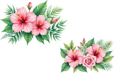 Obraz premium Watercolor Hibiscus and Rose Floral Arrangements - Tropical Botanical Illustration Set