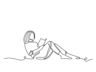continuous line art of a woman reading a book and seen sitting relaxed while leaning back and stretching

