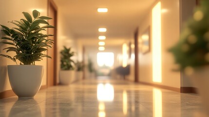 Out-of-focus hallway with bright ceiling lights and clean architectural elements, creating a soothing, luminous environment perfect for a modern office or hospital 