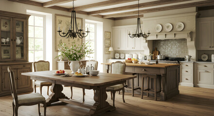 Elegant Kitchen Interior With Wooden Accents And Rustic Charm