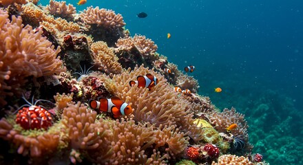 Fototapeta premium Fish Swimming Among Coral Reef in Clear Ocean Water