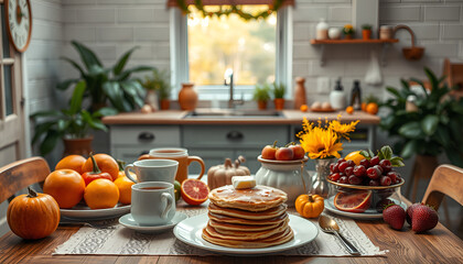 Naklejka premium Stacked Pancakes with Butter Fruit and Coffee a Cozy Breakfast Scene